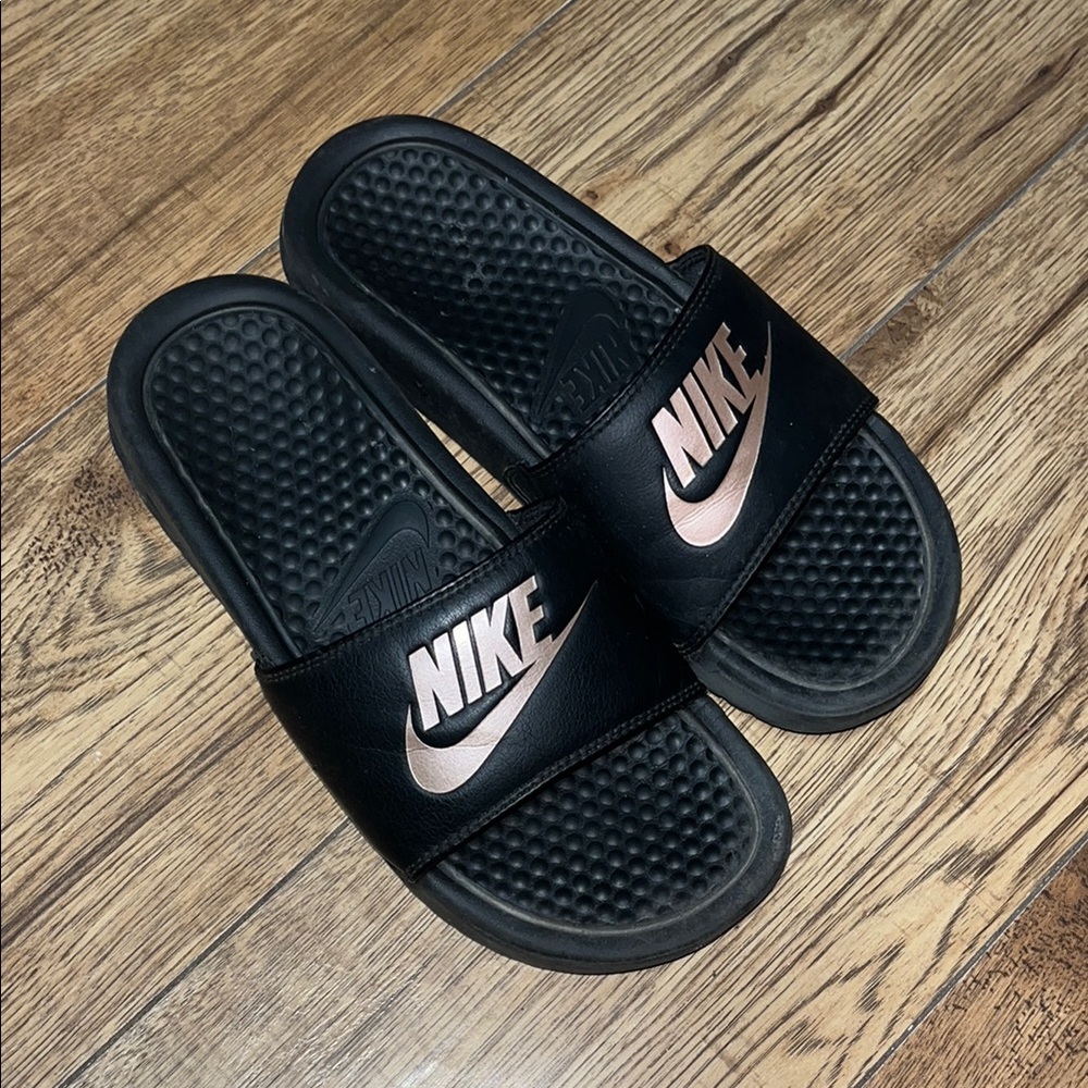 Nike Black and Pink Slide Sandals